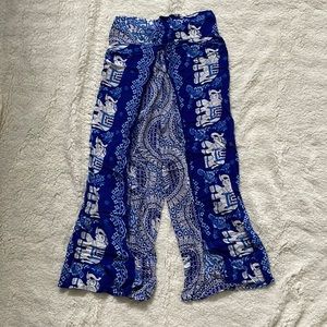 Elephant print lightweight blue pants, very comfortable with elastic waistband